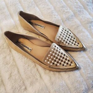 Karl Lagerfeld Paris Womens 6.5 Leather Devan Pearl Metallic Gold‎ Loafer Flat